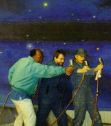 Colwell, Steve and Peter painting a backdrop in 1993 Photo of Colwell, Steve and Peter from 1993 at Gold